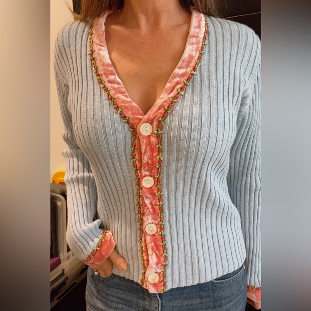 SOLD Women's Blue Cardigan with Pink Trim